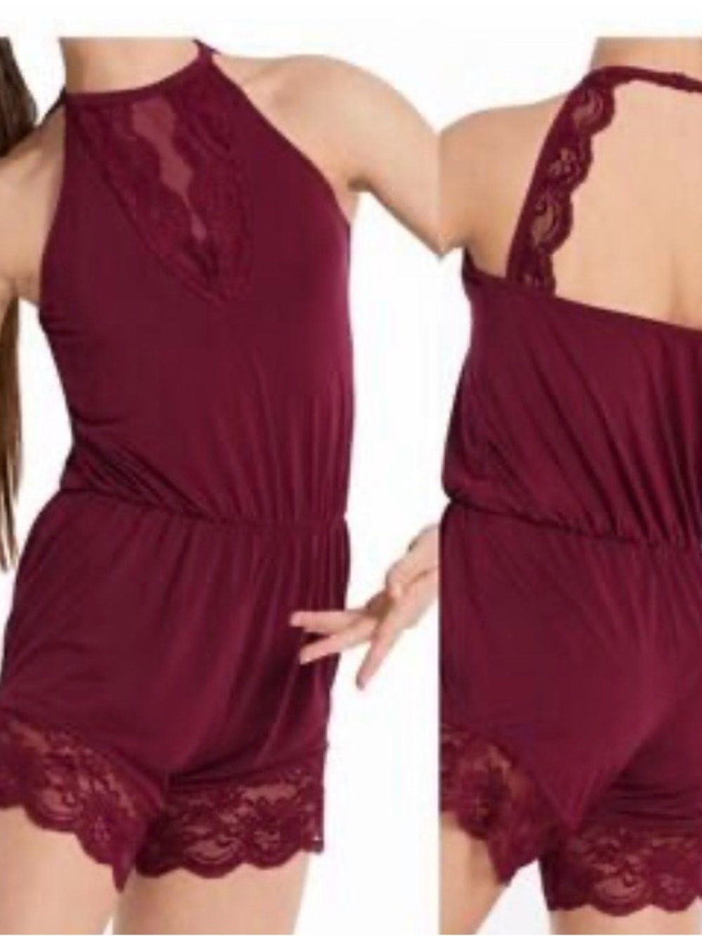 Women's Burgundy Lace-Trim Halter Romper color Wine not Red